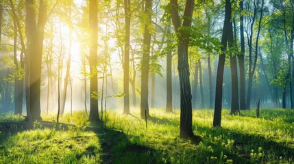 Tuinposter Bosweg Beautiful nature at morning in the misty spring forest with sun
