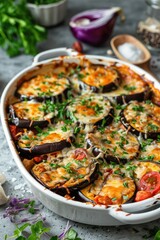 Eggplant casserole with cheese and tomato sauce in a white baking dish on a gray background with ingredients for cooking. Vegetarian healthy food
