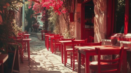 This image presents a serene view of a picturesque outdoor cafe setting, with vibrant red chairs neatly arranged on both sides of a narrow cobblestone alleyway that is shaded by the lush foliage of ov