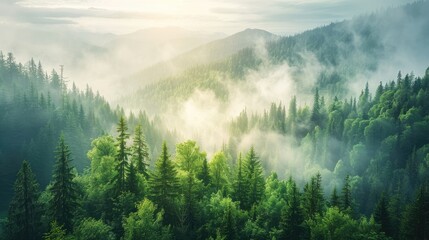 Morning valley with forest and fog view from up. Mystic pine forest in the mountains with mist above trees