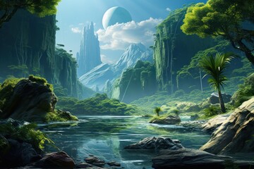 A serene scene of a small habitable exoplanet. Sci-fi alien planet, futuristic imagine of alien planet - obrazy, fototapety, plakaty