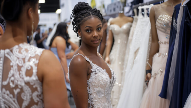 Brides-to-be trying on elegant wedding gowns and accessories at a Bridal Show