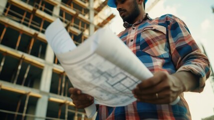 The construction worker wearing a helmet and sporting a beard is studying a blueprint at the building site. AIG41