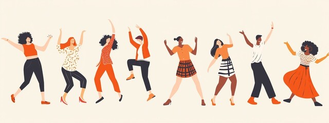 The image depicts a row of eight cartoon characters with a diverse range of body types and ethnic backgrounds, energetically dancing and expressing joy through their movements. Each character is uniqu