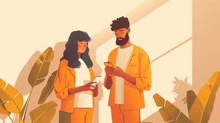 Illustrated image of a man and woman standing closely, engaging with a smartphone that the man is holding. Both are smiling and appear to be enjoying whatever content is being displayed on the screen.