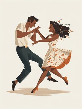 The image depicts a man and a woman in mid-dance pose, exuding a sense of movement and rhythm. The man is dressed in a white shirt and dark pants, while the woman is wearing a polka dot dress, and her