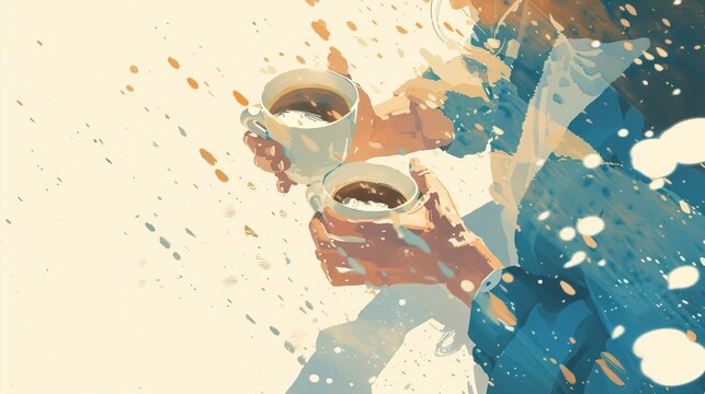 The image depicts a close-up view of two individuals toasting with coffee cups. The scene features a dynamic and artistic play of colors with splashes of paint, predominantly in shades of blue, white,