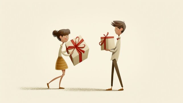 The image depicts two stylized cartoon characters, a male and a female, standing face to face and holding large gift boxes with red ribbons. The female character, on the left, is wearing a skirt and s