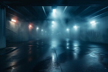Midnight basement parking area or underpass alley. Wet, hazy asphalt with lights on sidewalls....