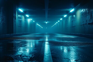 Midnight basement parking area or underpass alley. Wet, hazy asphalt with lights on sidewalls....