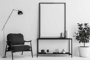 Minimalistic stylish composition of creative room interior design with mock up poster frame, metal shelf, armchair and personal accesories. Black and white concept. Template