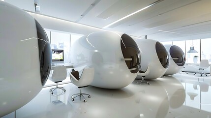 Futuristic office with pod, like workstations and holographic displays, modern office interior design