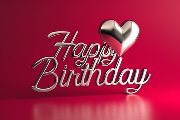 Silver Happy Birthday 3D Render with Heart on Abstract Red Background