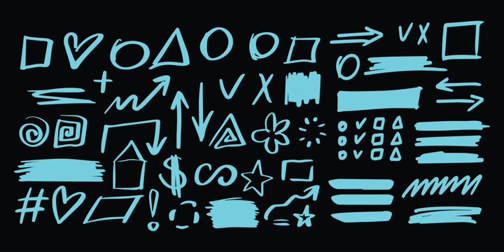 Hand drawn marker highlighters, underline, lines, round, arrows, punctuation marks, tick marks and sketch. Handwritten notes for text or on a school board.