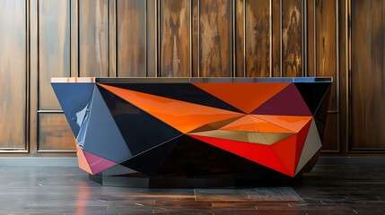 High  gloss lacquered reception front desk design with geometric shapes and bold colors