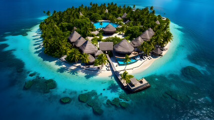 Maldives paradise with turquoise water, shore with white sand, luxury villas on water and palm...