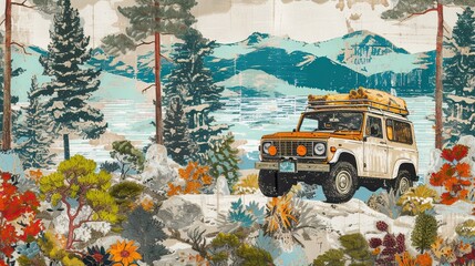 In the image, we see a picturesque scene featuring a vintage off-road vehicle with a roof rack loaded with gear. The vehicle is parked alongside a serene lake with mountains in the background. The for