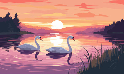 tranquil scene of swans on a lake at dawn vector isolated illustration --ar 5:3 --v - obrazy, fototapety, plakaty