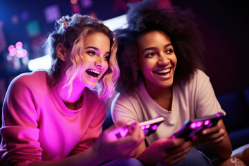 Young women engaged in an intense video game session at night in an arcade.