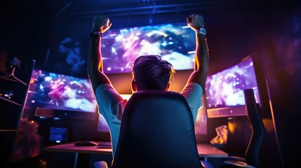 Excited gamer celebrates victory inside a vibrant gaming room at night.