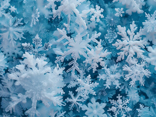 Snowflakes under microscope in deep blue shades of color macro shot, frozen cold concept, winter background
