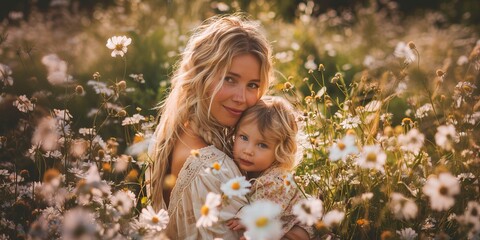 In the image, a woman is holding a young child close to her, both surrounded by a field of delicate white flowers that appear to be daisies. The sunlight filters through the scene, casting a warm, gol - obrazy, fototapety, plakaty