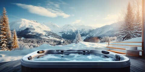 outdoor jacuzzi against the backdrop of winter mountains Generative AI - obrazy, fototapety, plakaty