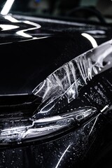 Black car protected with clear PPF Paint Protection Film in a car detailing studio