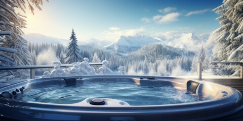 outdoor jacuzzi against the backdrop of winter mountains Generative AI