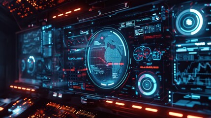 Fototapeta premium The image depicts a highly sophisticated control panel or dashboard, illuminated by a vibrant red and blue color scheme, characteristic of futuristic or sci-fi technology themes. In the center, there'