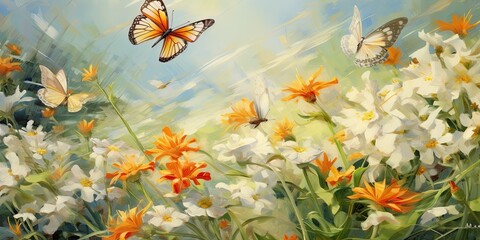 The image depicts a serene, sunlit scene of nature's beauty with a variety of butterflies...