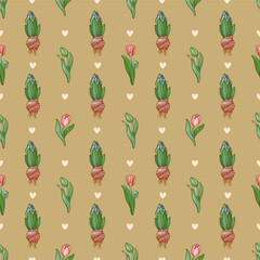Seamless pattern with garden flowers and hearts on a beige background.