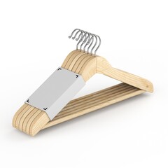 Pack of wooden coat hanger with blank label 3D