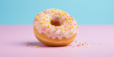 Pink Donut doughnut with colorful sugar sprinkles on light blue pink background, copy space. Festive carnival or birthday party card. Happy National donut day Concept. Generative ai.