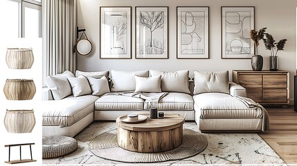 Modern living room design with a reclining sofa, a convertible sofa bed, a wooden coffee table with storage, a Scandinavian style sideboard, and neutral tones for a calming vibe