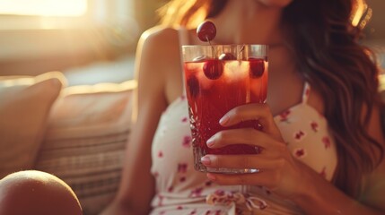 Young woman drinking Trendy sleepy girl cherry mocktail. Popular Magnesium cherry drink for relax, deep sleeping. Bedtime routine for better sleep concept. Generative ai - obrazy, fototapety, plakaty