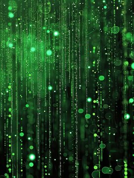 The image displays a dense collection of green binary digits (0s and 1s) cascading down a black background, simulating the visual style often associated with digital data streams or the concept of the