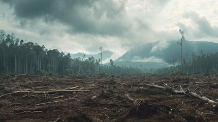 Ecological consequences of deforestation, disrupted ecosystems, endangered wildlife, loss of biodiversity, extensive tree cutting. - obrazy, fototapety, plakaty