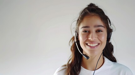 A smiling customer service operator woman with a headset isolated on a clean white background.