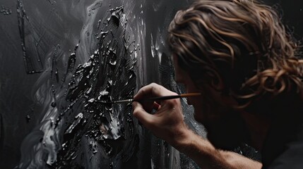 An artist passionately works on an abstract oil painting, creating a modern masterpiece