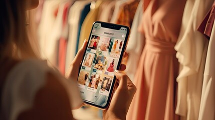 Close-up over the shoulder shot, a female uses a smartphone with an online fashion store interface, checking prices on stylish branded items.