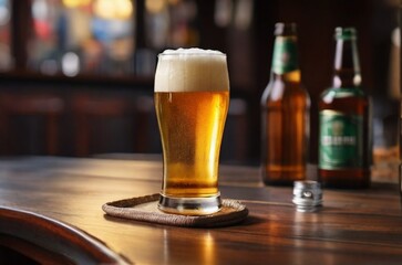 Chilled Elegance: A Captivating Focus on a Glass of Cold Beer on the Bar Table
