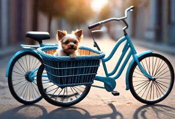 A small dog sits in a bicycle basket with an action effect. AI generated