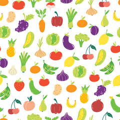 Hand drawn seamless pattern with cute fruits and veggies on white background. Colorful wallpaper for print, wrapping paper, textile