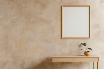 mockup in a wooden frame on a light concrete wall