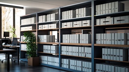Office Organization: Stacks of files and documents in an office setting with bookshelves in the background
