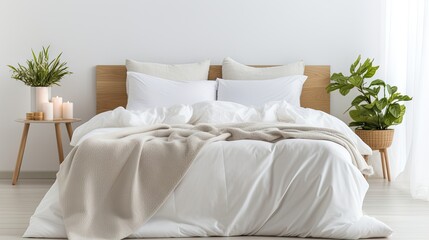 Elegant bed with soft white blanket, linens, and pillows, creating a top-view scene of a peaceful and inviting bedroom.