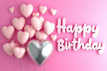 Silver Happy Birthday 3D Render with Heart on Abstract Yellow and Pink Background