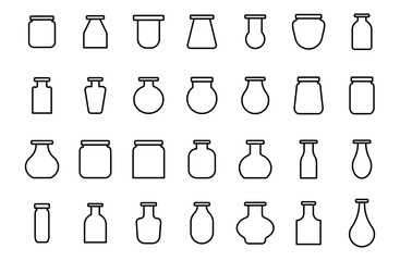 Vector line icon set flask different shape. Illustration glass bottle symbol design. Chemistry or science laboratory tube. Element container linear and simple collection jug variation - obrazy, fototapety, plakaty