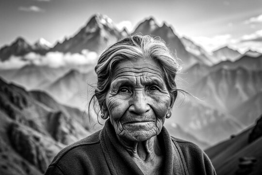 Black and White Portrait of an Older Woman with a Serene Expression